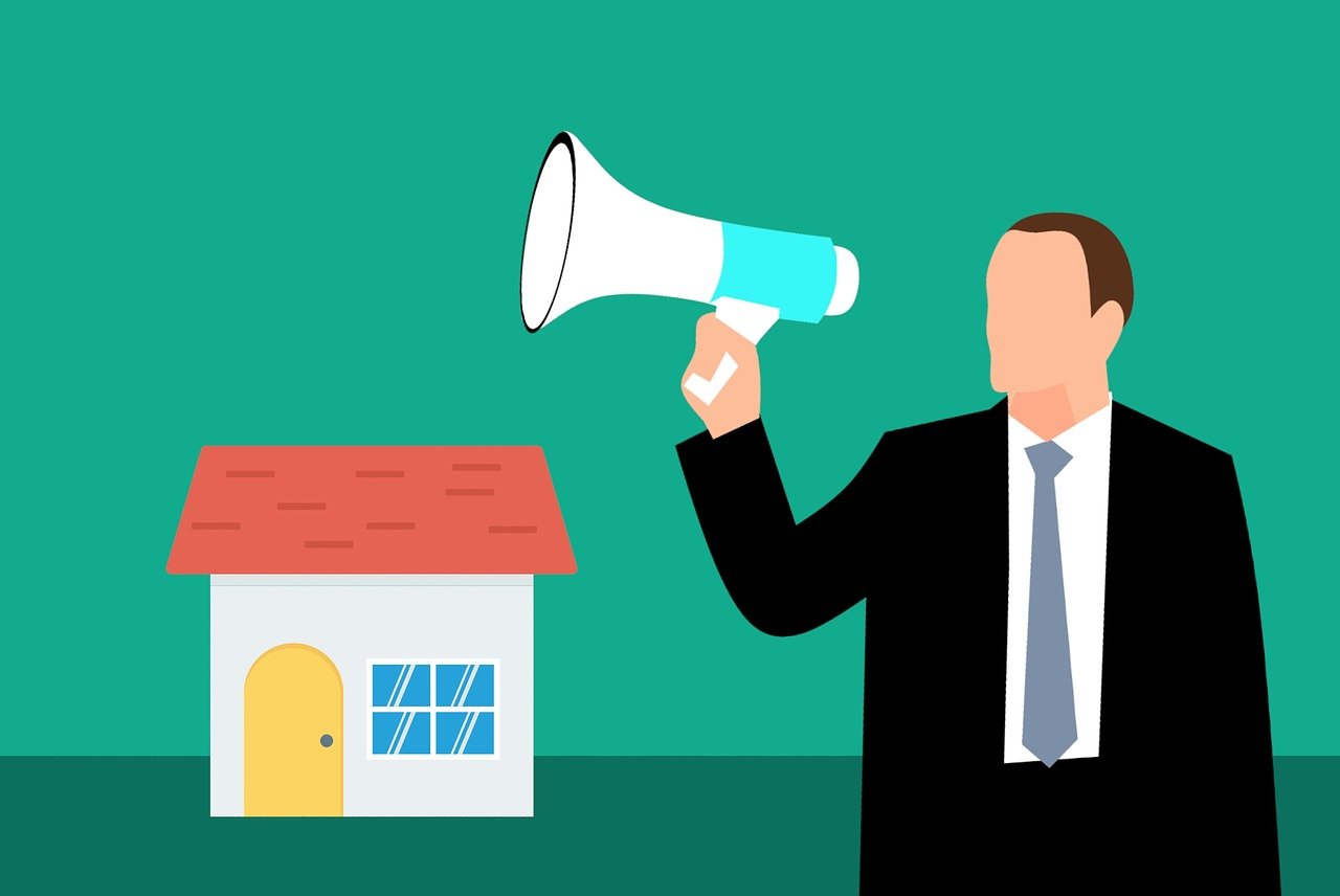Illustration of a real estate agent announcing a property sale using a megaphone, symbolizing property marketing and housing promotion strategies.