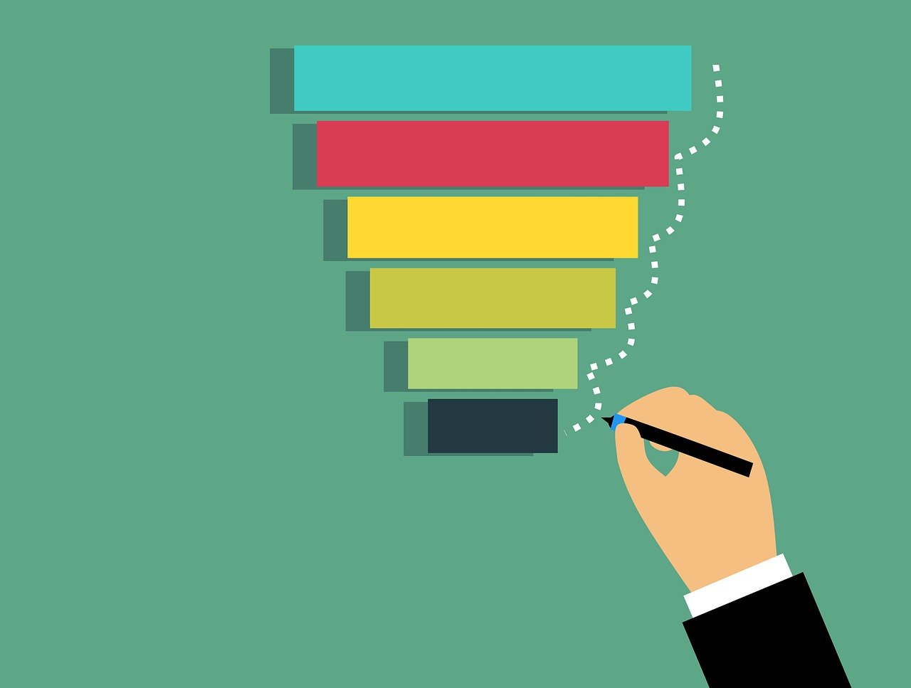 Illustration of a multi-stage sales funnel with a hand drawing the path, representing the customer journey and lead conversion process in real estate marketing.